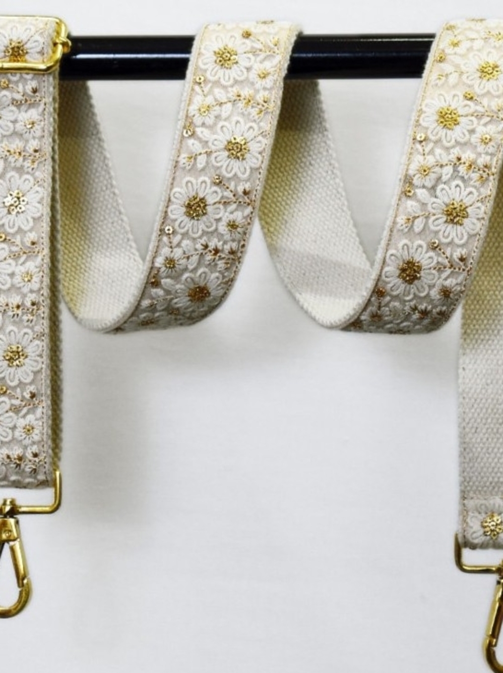 Embroidered Floral Beige & Gold Bag Strap - Adjustable Accent Strap
